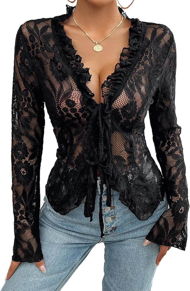 xxxiticat Women Long Sleeve Lace Top Ruffle Sheer Tie Front Cardigan Blouse | Amazon (US)