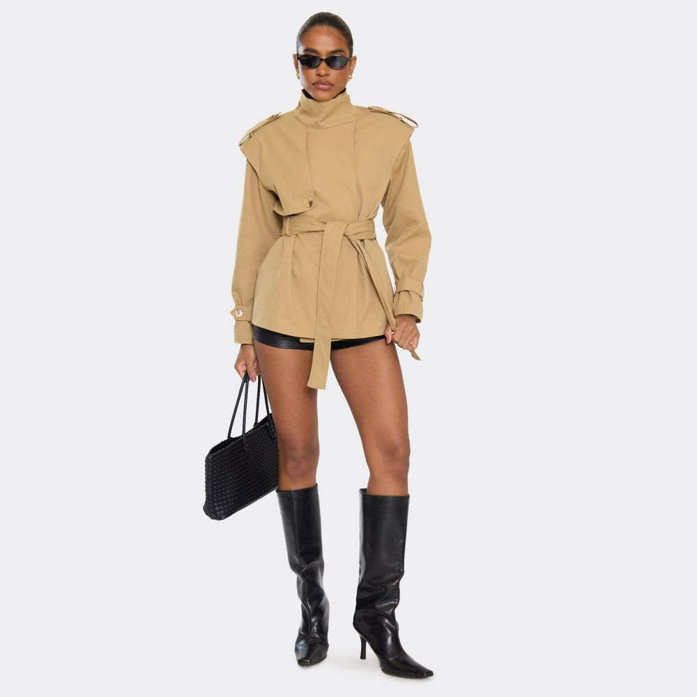 High Neck Belted Waist Short Trench Coat In Taupe | EGO (UK)