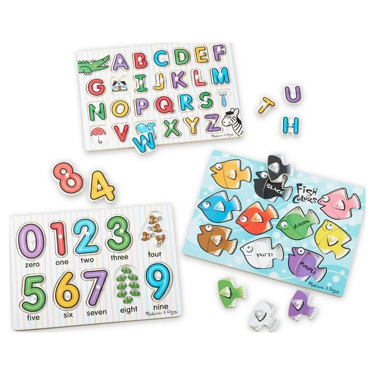 Melissa & Doug Classic Wooden Peg Puzzles (Set of 3) - Numbers, Alphabet, and Colors | Walmart (US)