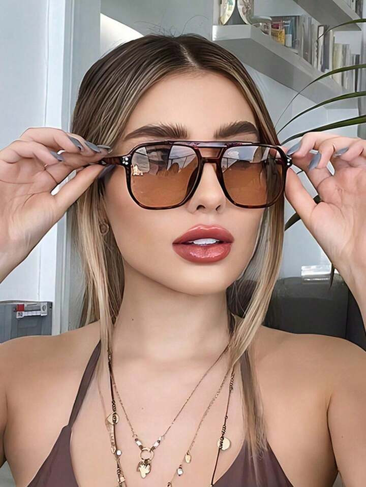 1 Peça Óculos De Sol Quadrados Estilo Aviador De Acrílico Casual Feminino Para Passeios De Férias, Presentes De Férias E Trajeto Para O Trabalho, Estilo Preppy Para Praia, Férias, Exterior E Volta Às Aulas | SHEIN