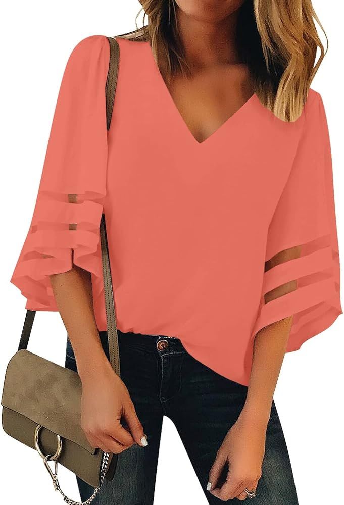 Utyful Women's Summer Casual V Neck Mesh Panel 3/4 Bell Sleeve Solid Loose Blouse Top | Amazon (US)