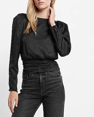 Jacquard Crew Neck Puff Sleeve Banded Bottom Top | Express