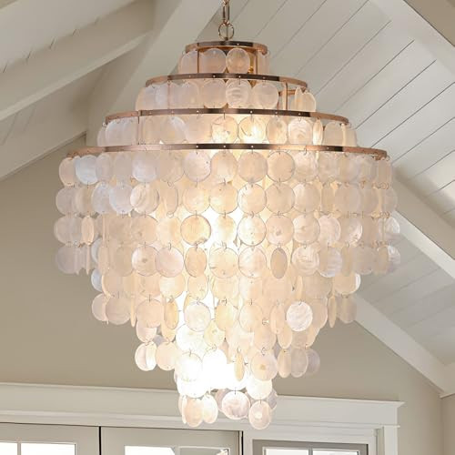 Coastal Capiz Shell Chandelier 24 inch Gold Natural Seashell Farmhouse Boho Chandelier 4-Light Pendant Light Fixture for Living Room Foyer Kitchen Island Entryway Dining Room Bedroom,LED Bulb Included | Amazon (US)