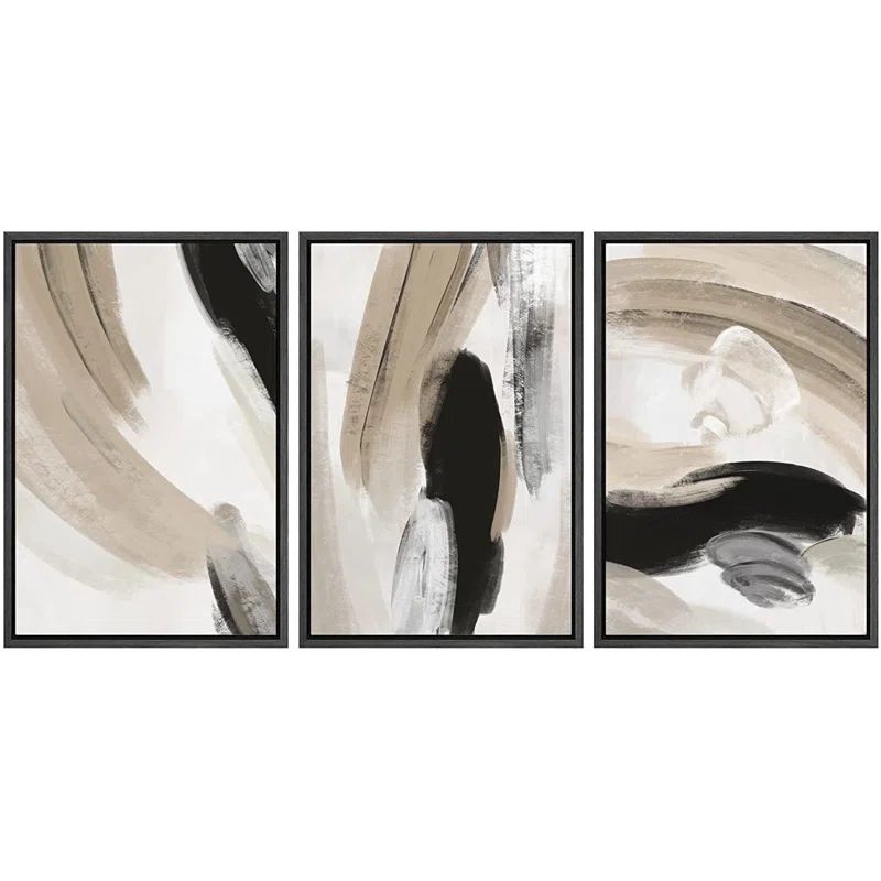 " SIGNLEADER Framed Canvas Print Wall Art Set Duotone Black Tan Paint Strokes Abstract Shapes Ill... | Wayfair North America