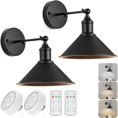 Vintage Black Wireless Battery Operated Wall Sconces, Cordless LED Wall Lights Set of 2 with Remote Control, for Bedroom, Farmhouse, Gallery - Easy Setup, Adjustable Brightness, Long-Lasting Battery | Amazon (US)