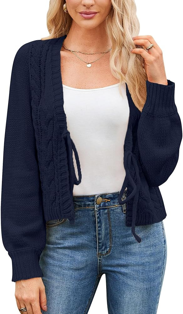 Honwenle Women's Cardigan Sweaters 2024 Oversized Open Front Tie Long Sleeve Short Cardigans Knit... | Amazon (US)
