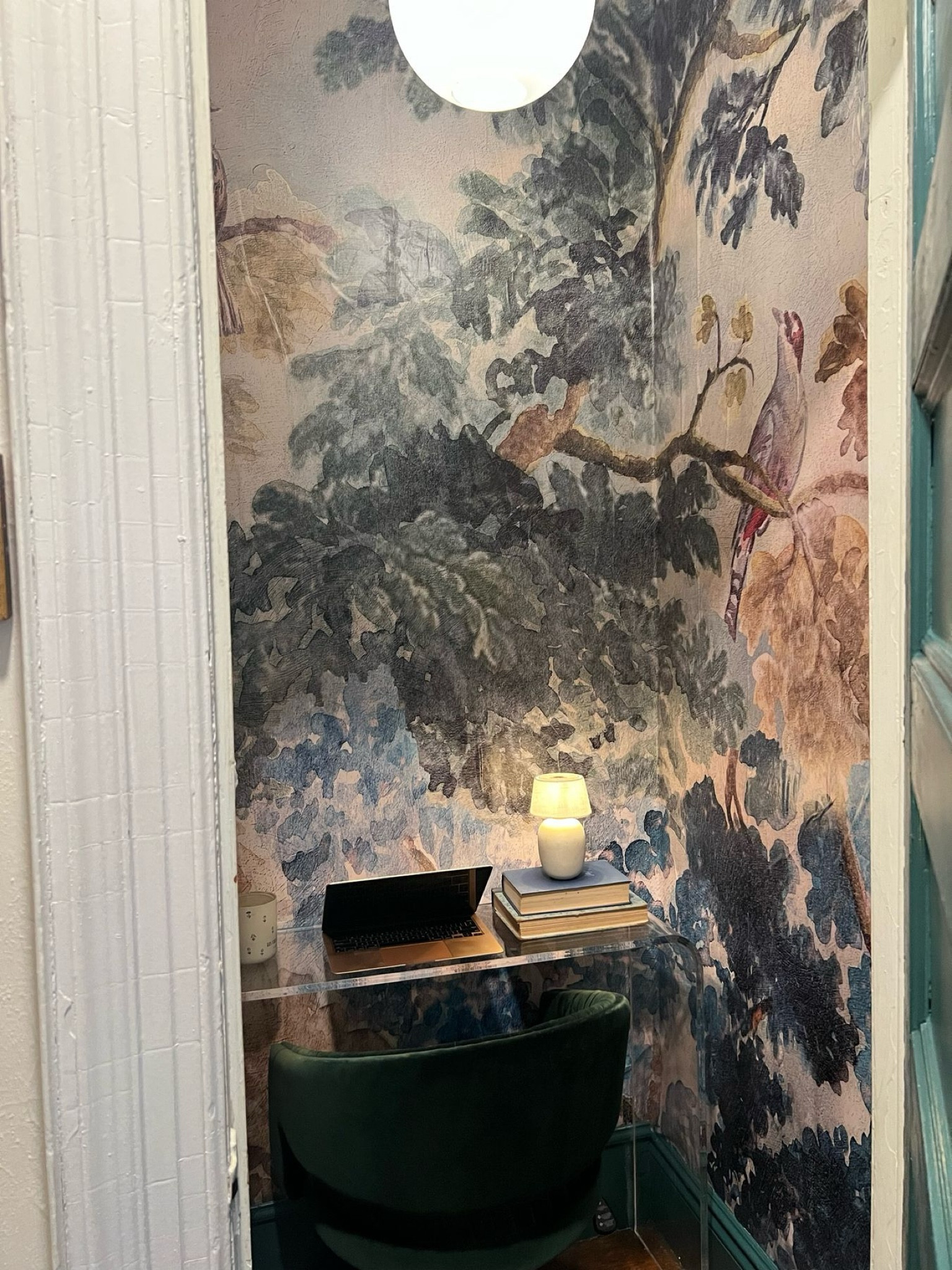 Wallpaper mural, green velvet desk chair, acrylics waterfall console desk, cordless mini lamp 

#LTKhome