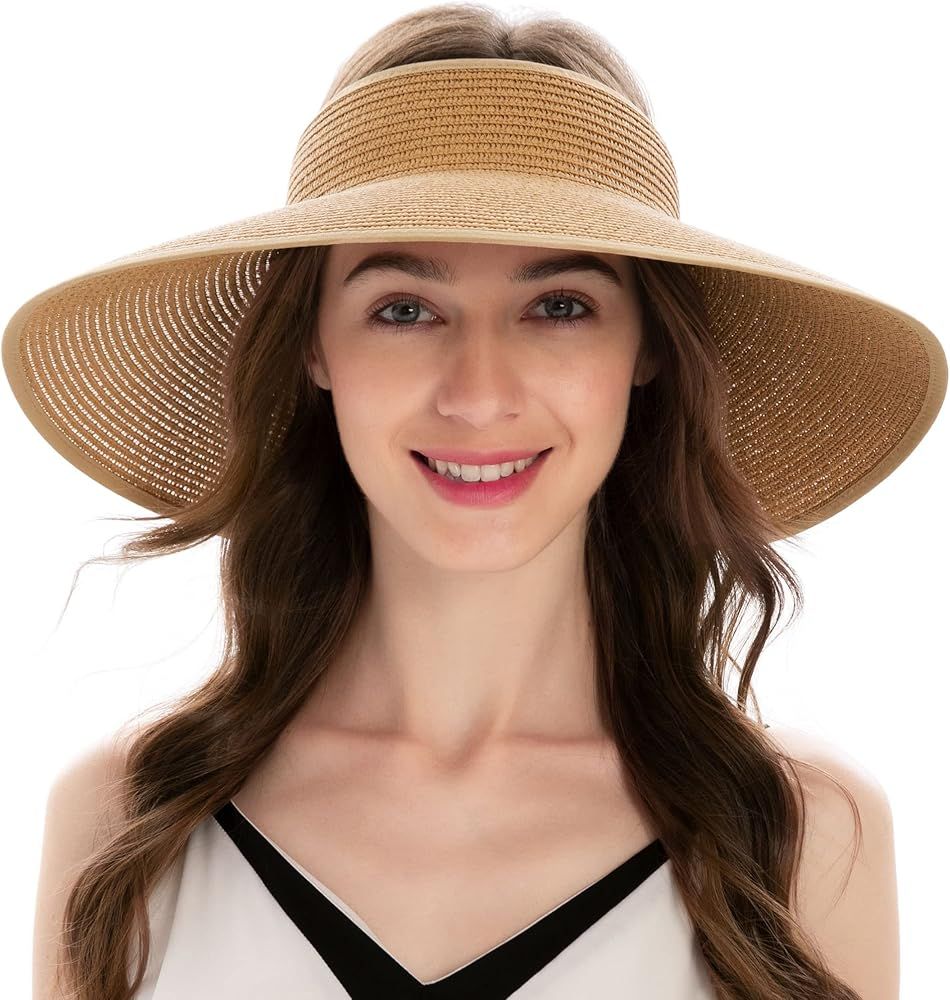 Womens Sun Hat Wide Brim Hats for Women Straw Sun Visors Roll Up Ponytail Beach Hats for Women | Amazon (US)