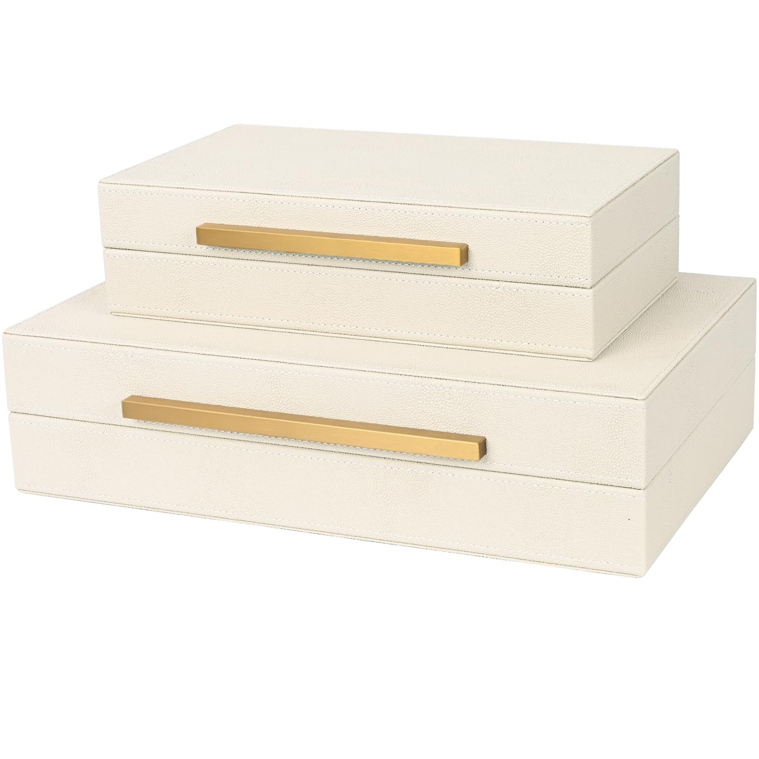 Beige Shagreen Decorative Storage Boxes – Set of 2 Faux Leather Jewelry & Memory Boxes with Gol... | Amazon (US)