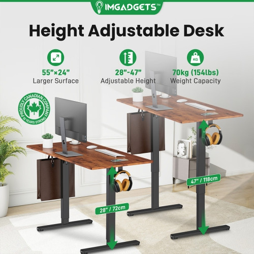 IMGadgets Standing Electric Adjustable Desk | 55'' x 24'' Large Workspace with 2 hooks | Ergonomi... | Best Buy Canada
