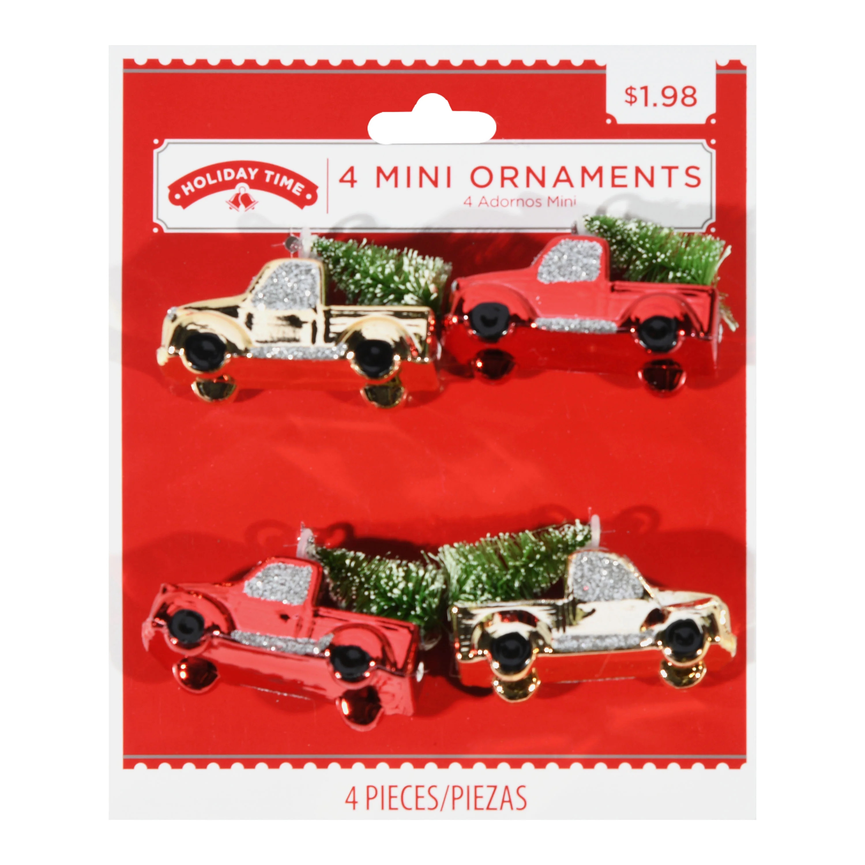 Holiday Time Mini Ornament, Shiny Trucks, Gold and Red, 4 Count | Walmart (US)