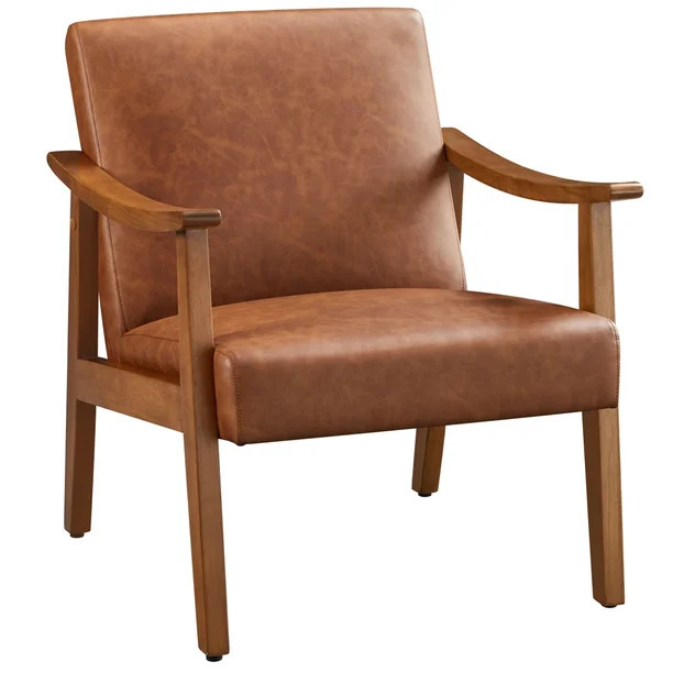 Alden Design Faux Leather Accent Chair with Wooden Armrests, Light Brown - Walmart.com | Walmart (US)