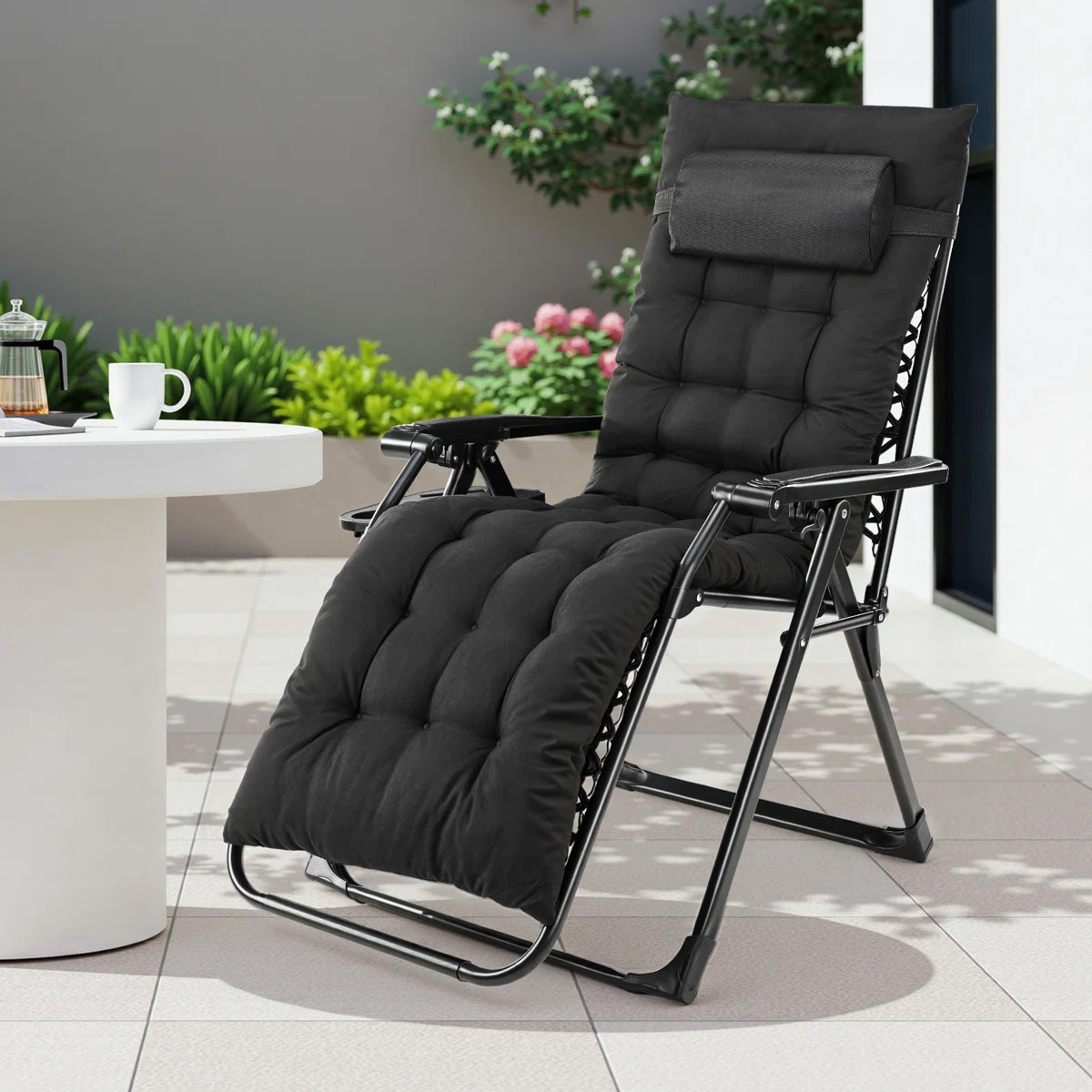 Padded Zero Gravity Folding Chair, Patio Reclining Lounge Chair with Cup Holder, Removable Cushio... | Wayfair North America