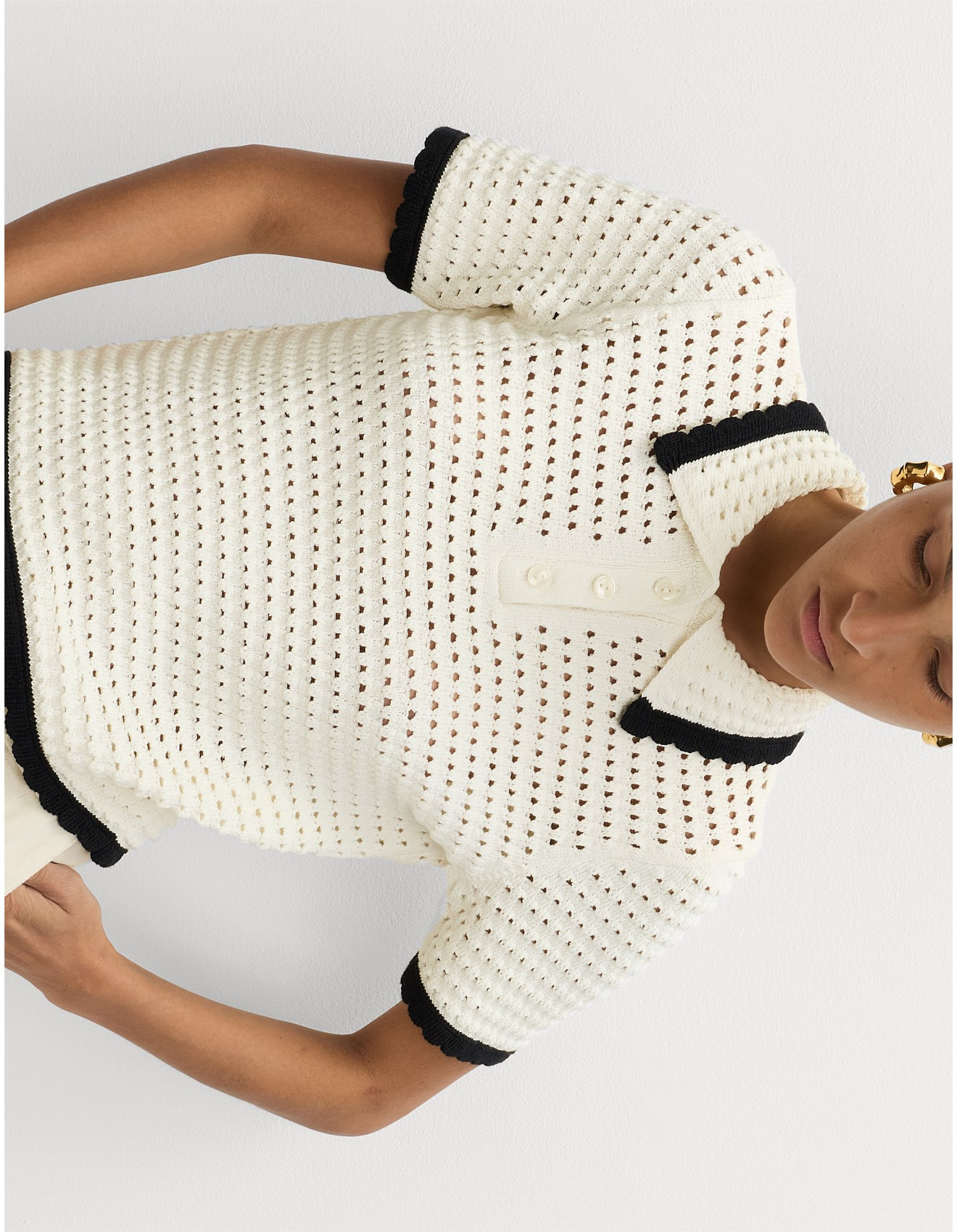 Cotton Rich Open Stitch Knitted Polo Top | David Jones (Australia & New Zealand)