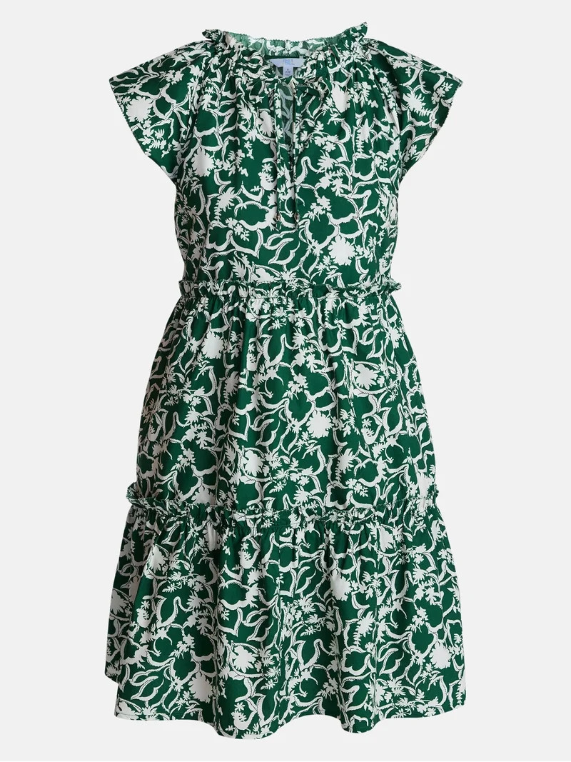Time and Tru Women's and Women's Plus Tiered Cotton Mini Dress with Flutter Sleeves, Sizes XS-4X | Walmart (US)