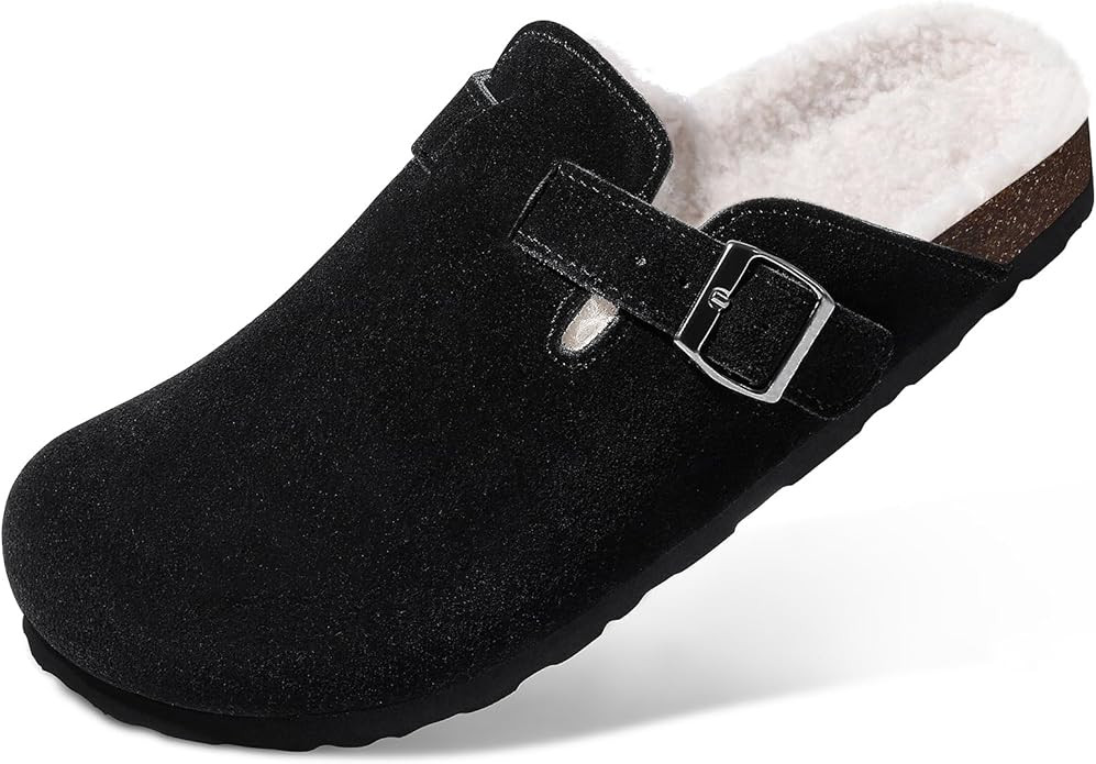 KIDMI Women's Fur Lined Suede Clogs Fuzzy Cork Footbed Mules Slip On Winter Potato Shoes | Amazon (US)