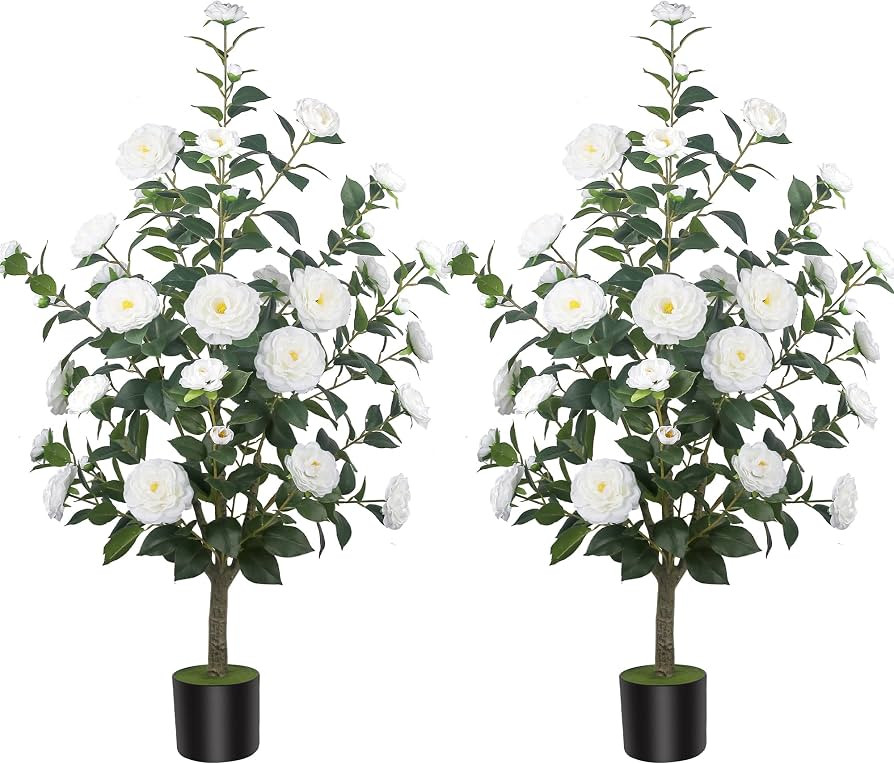 2Pack 47.24" Artificial Camellia Trees with 36 Flowers in Cement Pots \u2013 Lifelike Fake Trees ... | Amazon (US)
