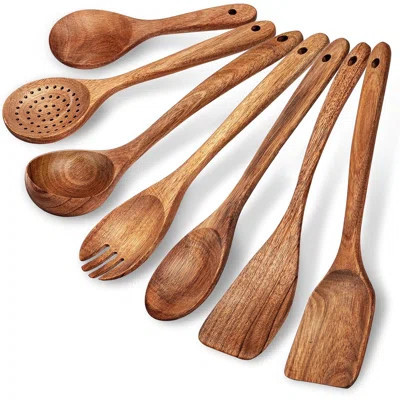 7-Piece Acacia Wooden Cooking Utensil Set With Measuring Spoons And Hanging Holes, Non-Stick Wooden Spoons, Spatula, Salad Fork, And More For Versatil | Wayfair North America