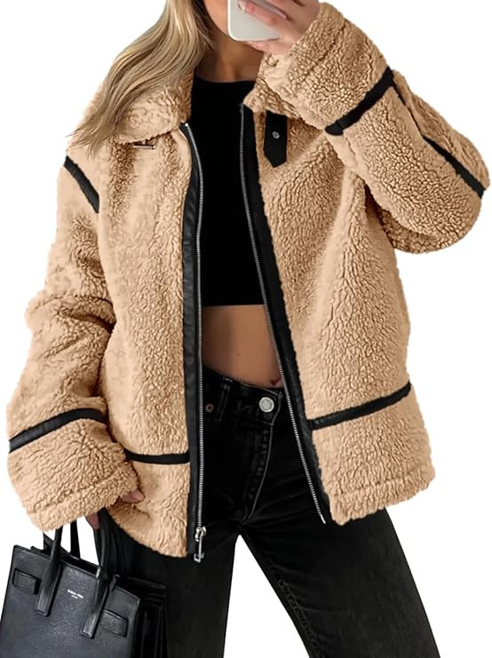 Tankaneo Womens Faux Fur Jackets Winter Trendy Sherpa Moto Leather Patchwork Zip Up Coat | Amazon (US)