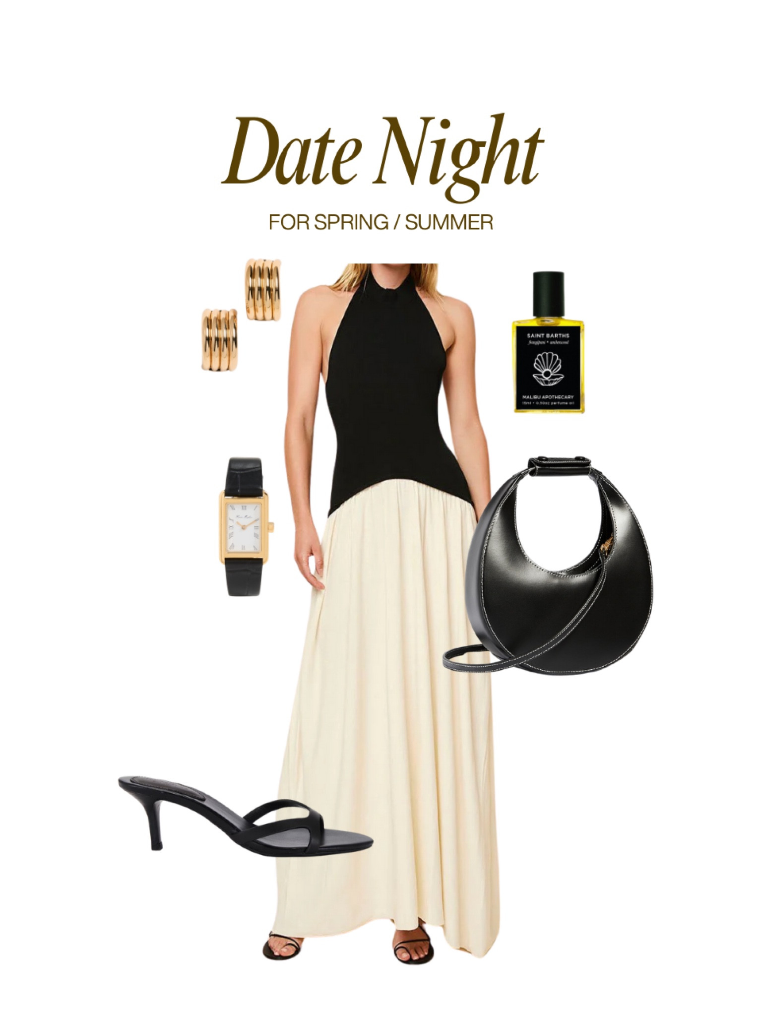 date night outfit idea ❤️ quiet luxury, black and white outfit, maxi dress, summer dress, kitten heels, black handbag, perfume, watch, earrings 

#LTKSeasonal #LTKFindsUnder100 #LTKSpringSale