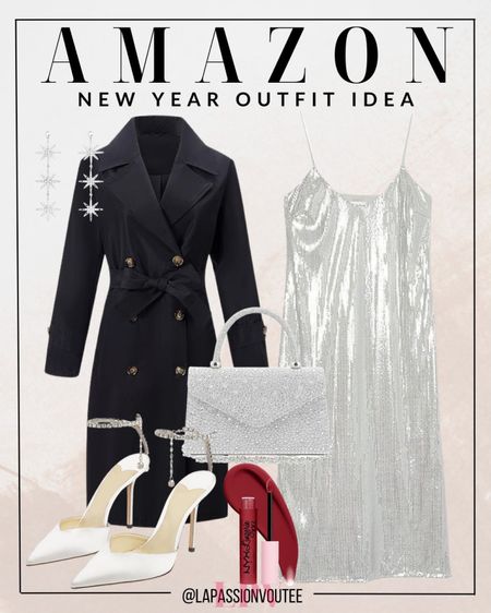 Step into sophistication this New Year with a classic trench coat layered over a shiny slip dress. Carry the night in a sparkling crystal clutch, complete the look with satin sparkly heeled sandals, and frame your face with star earrings. Seal the elegance with a bold touch of matte lipstick.

#LTKSeasonal #LTKHoliday #LTKstyletip