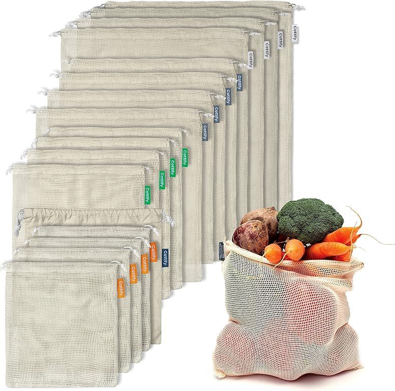 16+1 Reusable Produce Bags Grocery Washable XL, Organic Cotton Mesh Produce Bags, Double-Stitched... | Amazon (US)