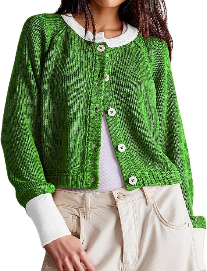 Women Contrast Knitted Cardigan Long Sleeve Button Front Sweater Y2k Classic Knit Tops Warm Outer... | Amazon (US)