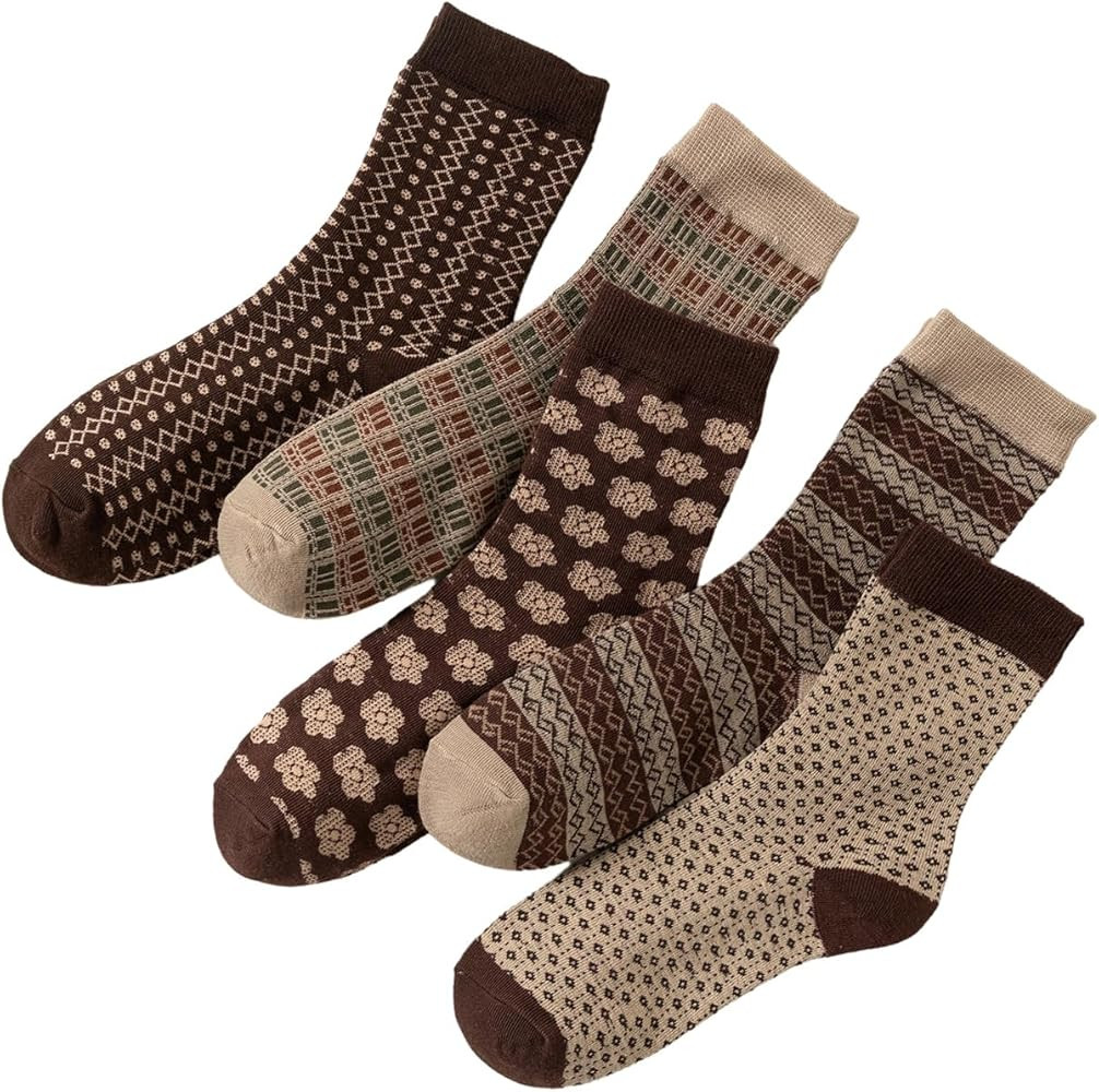WDIRARA Women's 5 Pairs Pattern Socks Vintage Comfy Breathable Crew Socks | Amazon (US)