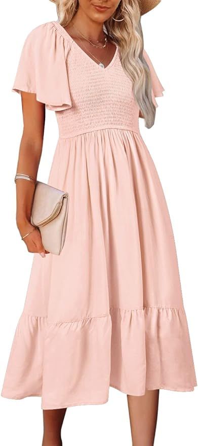 MEROKEETY Womens Summer Casual V Neck Ruffle Sleeve Smocked High Waist Midi Dress with Pockets | Amazon (US)