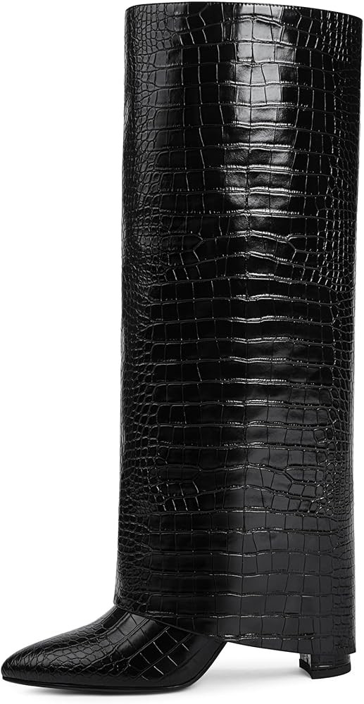 Modatope Knee High Boots Women Fold Over Knee High Boots Chunky High Heels Long Boots Zipper Poin... | Amazon (US)