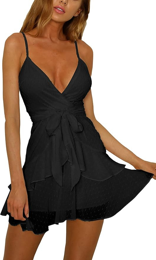 ECOWISH Womens V-Neck Spaghetti Strap Bowknot Backless Sleeveless Lace Mini Swing Skater Dress | Amazon (US)