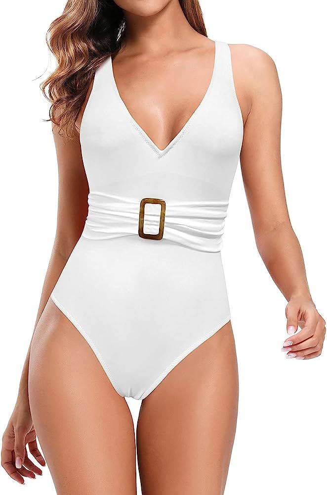 SHEKINI Women's Deep V-Neck Belt Bathing Suit Low Back High Cut One Piece Swimsuit | Amazon (US)