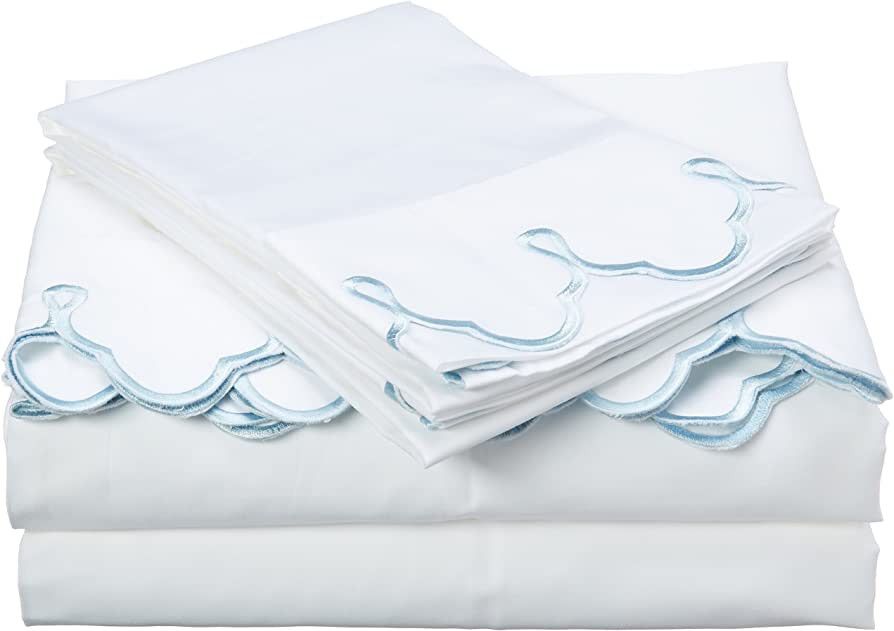 Belle Epoque Traditional Scalloped Embroidered Queen Sheet Set Light Blue, 4 Piece | Amazon (US)