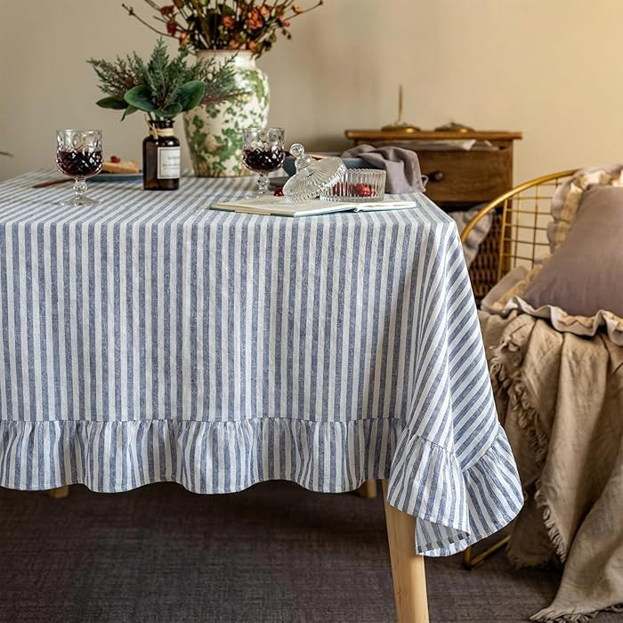 Boao Cotton 52 x 70 Inch Farmhouse Ruffle Tablecloth Blue White Striped Flounces Trim Table Cover... | Amazon (US)