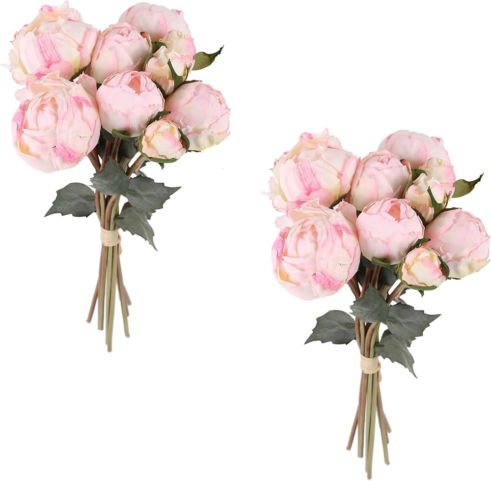 Pink Peonies Artificial Flowers 2 Bouquets Vintage Peonies 18pcs Pink Peonies with Single Long St... | Amazon (US)