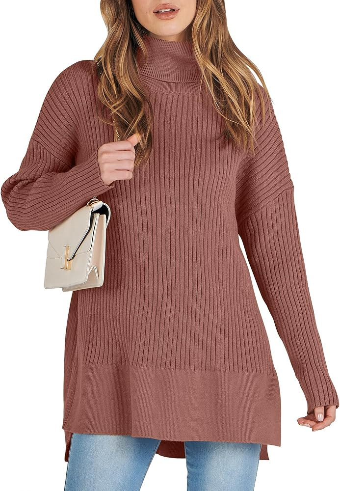ANRABESS Women's Oversized Turtleneck Sweater 2023 Fall Trendy Ribbed Knit Pullover Tunic Sweater | Amazon (US)