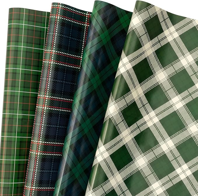 LeZakaa Christmas Gift Wrapping Paper - 12 Folded Sheet with 4 Different Green Tartan, Plaid Desi... | Amazon (US)