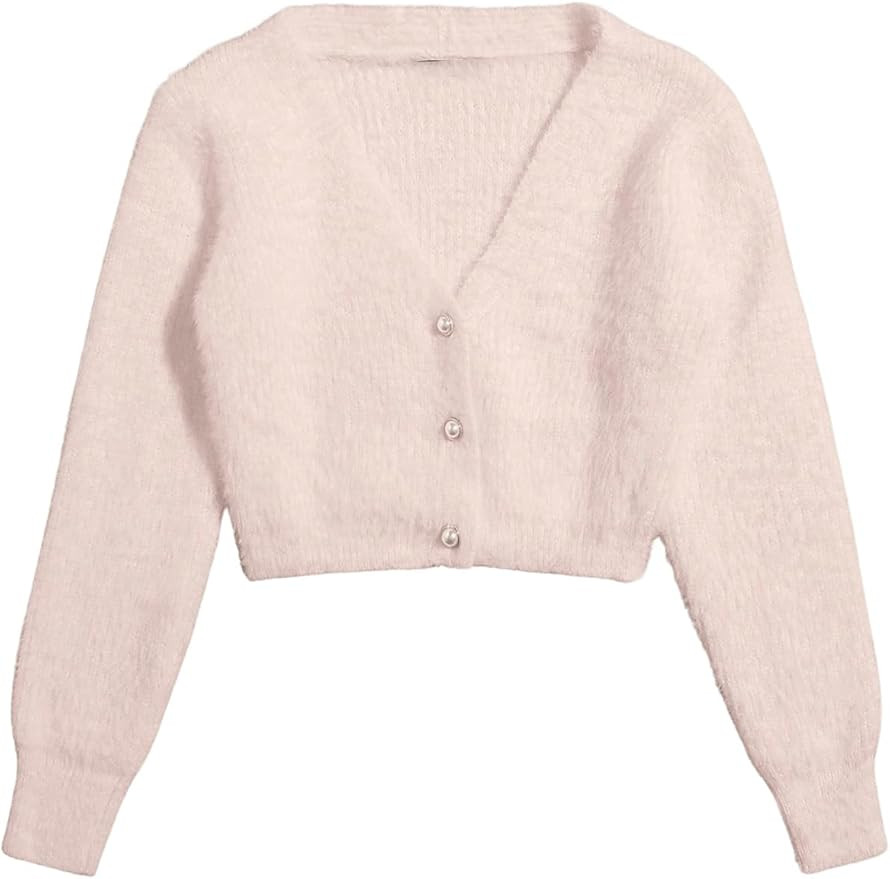 GORGLITTER Women's Fuzzy Crop Sweater Cardigan 2025 Winter Holiday Outfits Chunky Pearl Button Do... | Amazon (US)