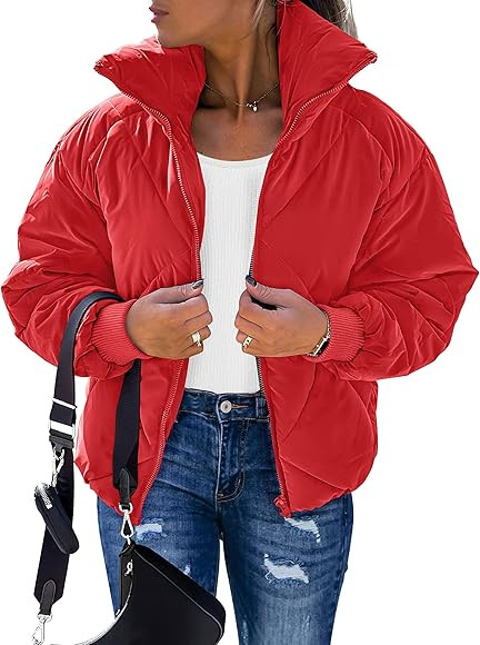 MEROKEETY Women's Long Sleeve Zipper Puffer Jacket Winter Quilted Short Down Coat with Pockets | Amazon (US)