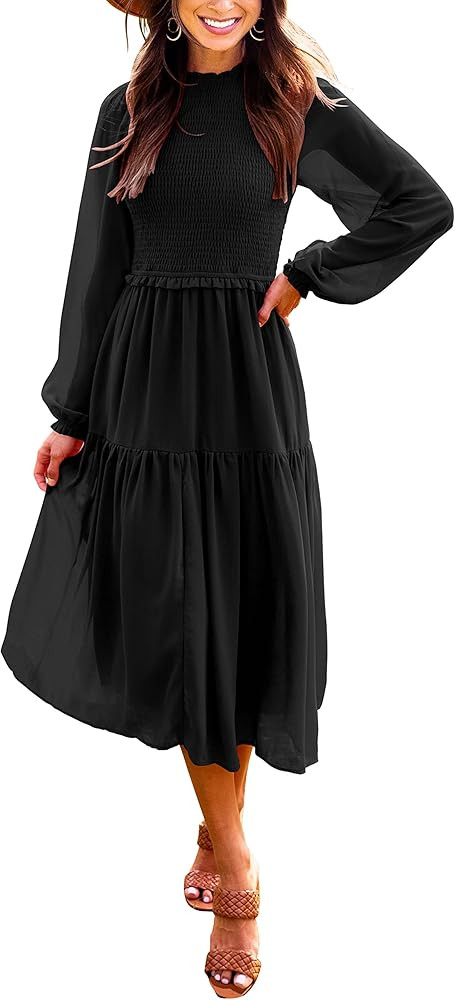 LOGENE Womens Long Sleeve Crew Neck Smocked Elastic Waist Tiered Midi Dress Boho Sun Dresses | Amazon (US)