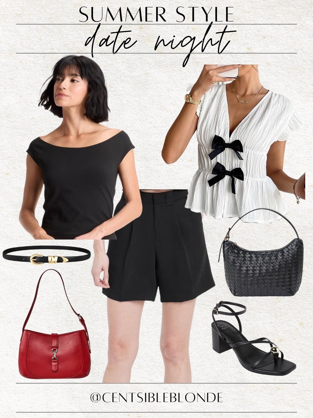 Black and white, black handbag, red handbag, black sandals, strappy sandals, black shorts, bow top, summer style, date night, summer outfit, black and gold belt, black outfit

#LTKStyleTip #LTKItBag #LTKFindsUnder50