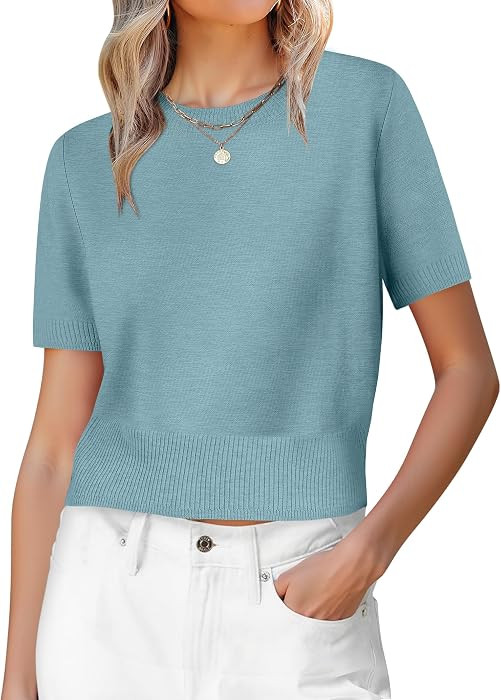 ANRABESS Womens Short Sleeve Sweaters Cropped Crew Neck | Amazon (US)
