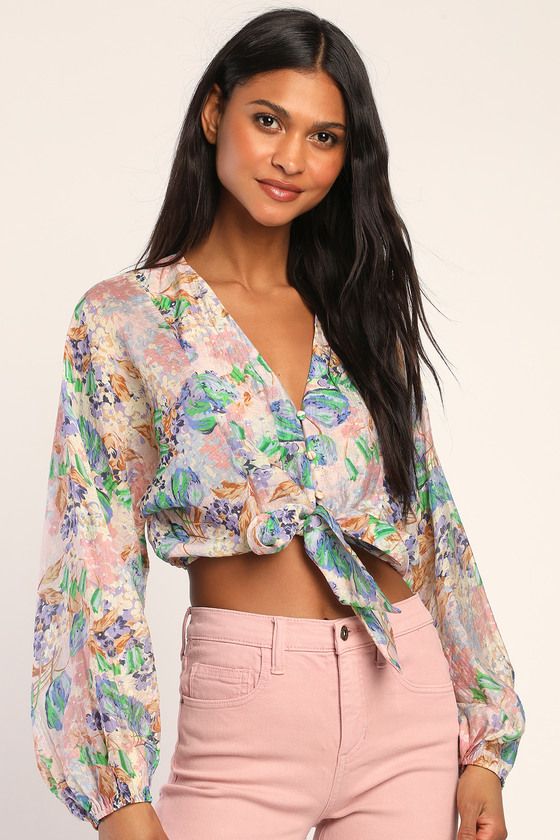 Beautifully Botanical Blush Floral Long Sleeve Tie-Front Top | Lulus (US)
