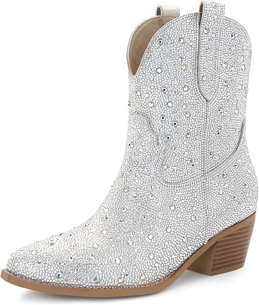 SOVANYOU Rhinestone Cowboy Boots for Women Pointed Toe Low Block Heel Booties Slip on Western Ankle  | Amazon (US)