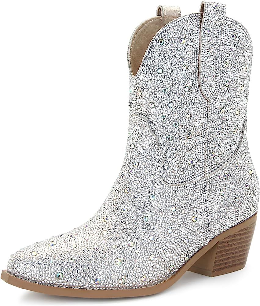 SOVANYOU Rhinestone Cowboy Boots for Women Pointed Toe Low Block Heel Booties Slip on Western Ankle  | Amazon (US)