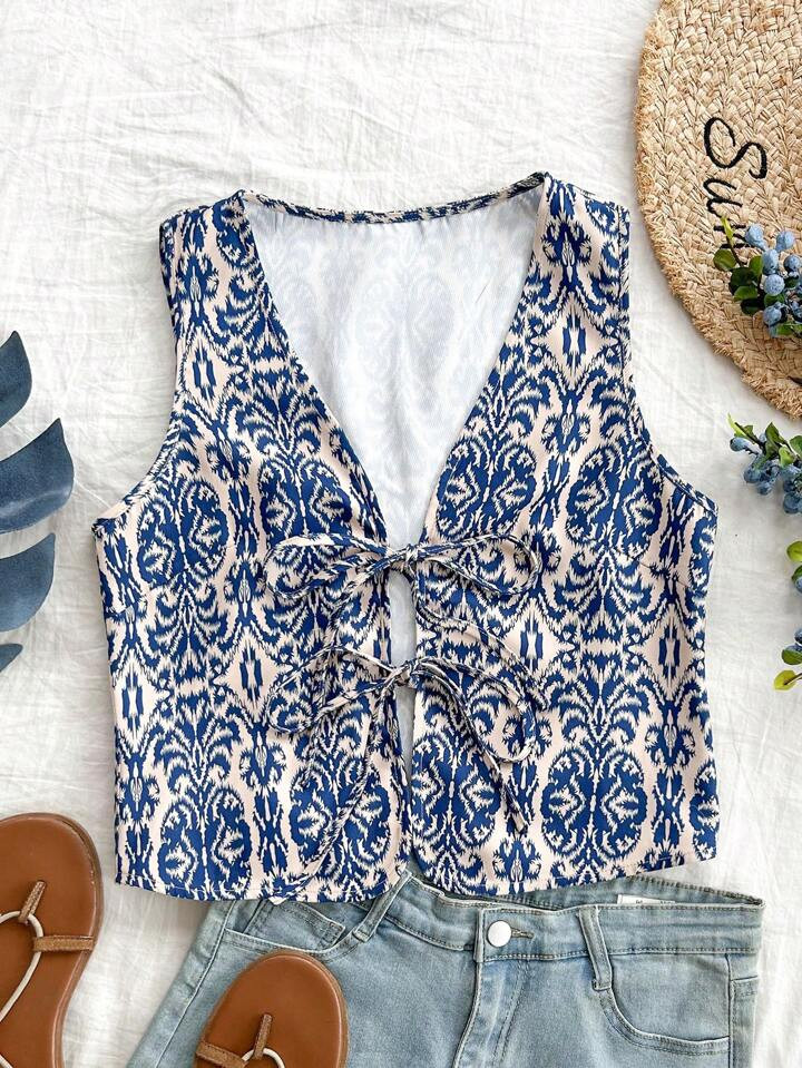 SHEIN WYWH Sleeveless Blue And White Top With Tie-Straps, Perfect For Vacation | SHEIN USA | SHEIN