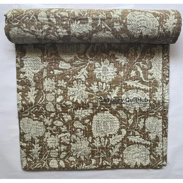 Handblock Multi Floral Print Handmade Cotton Kantha Quilting Throw Blanket Hippie Queen/King Size... | Walmart (US)