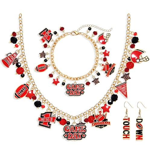 Game Day Neacklace Bracelet Earrings for Women Football Helmet Charms Bracelets Touchdown Dangle Earrings Red White Beaded Necklace Game Day Outfits Accessories Sport Team Spirit Necklace Football Jewelry Party Gifts (Game Day A) | Amazon (US)