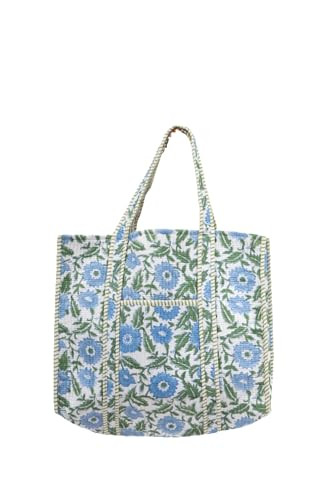 Quilted Large Cotton Fabric Tote Bag For Travel Grocery Shopping Weekend Trips with Inside and Ou... | Amazon (US)