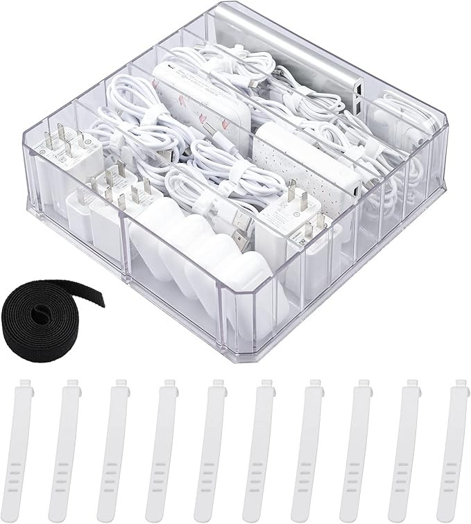 Yesesion Clear Plastic Cable Organizer Box with 3.2ft Fastening Tape and 10 Wire Ties, Large Desk... | Amazon (US)